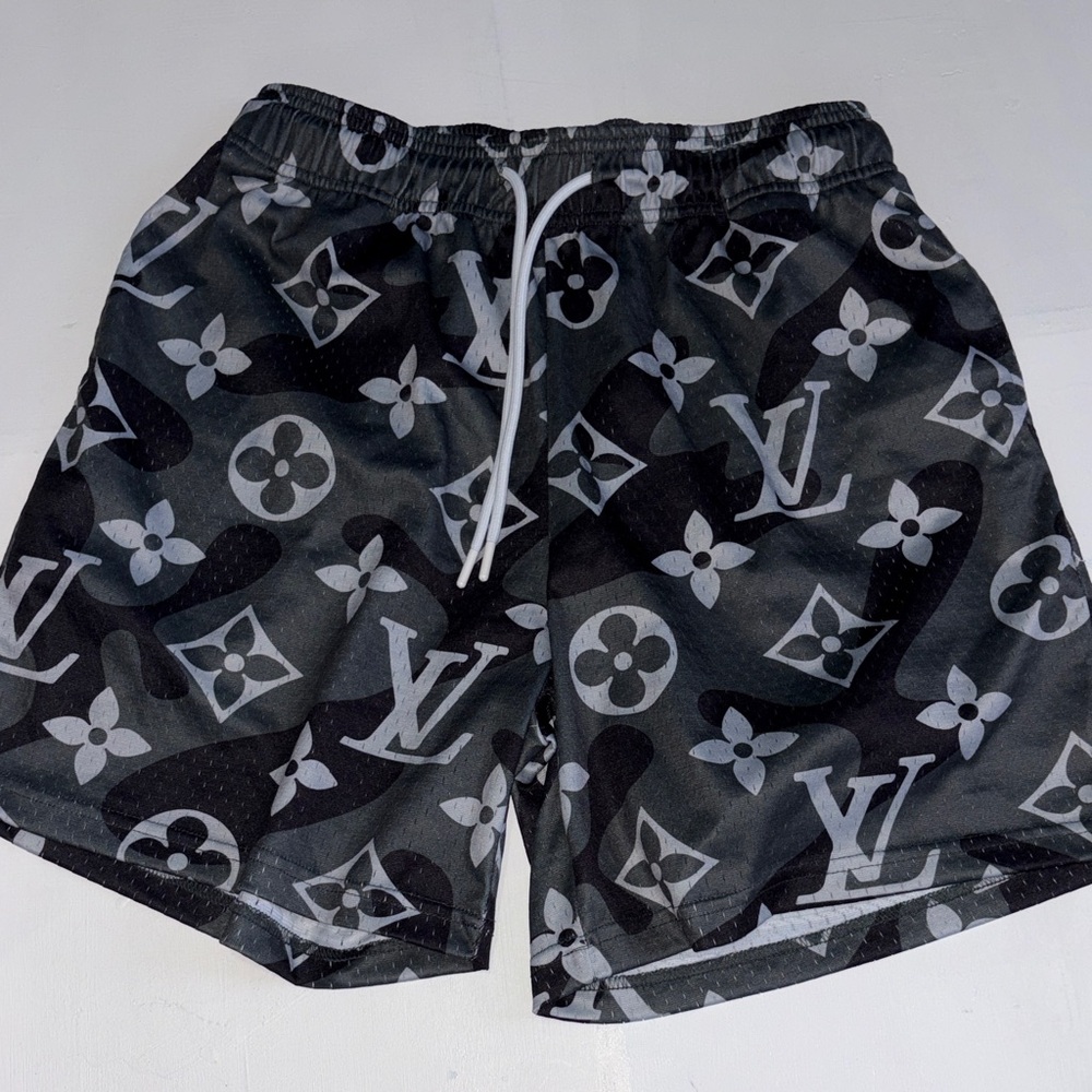 Louis Vuitton Monogram Black and Gray Camo Jersey Shorts KNOCK OFFS